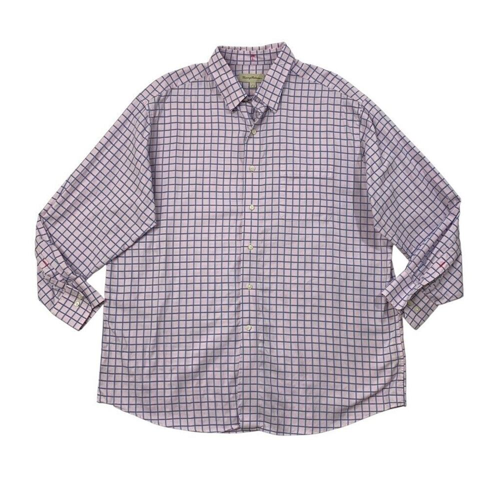 Tommy Bahama Shirt Mens 17 Pink Royal Blue Check Windowpane Cotton Button Up